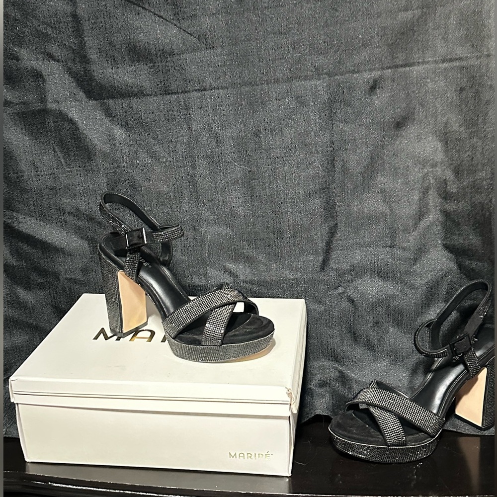 Maripe Leilani Elegant Black Block Heel Shoes Rhinestone Prom